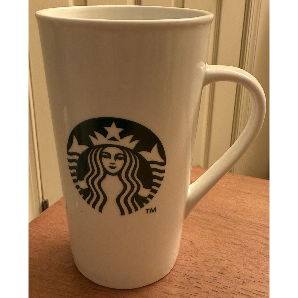STARBUCKS Tall Coffee Mug White Ceramic Mermaid Green Logo 16oz 2014